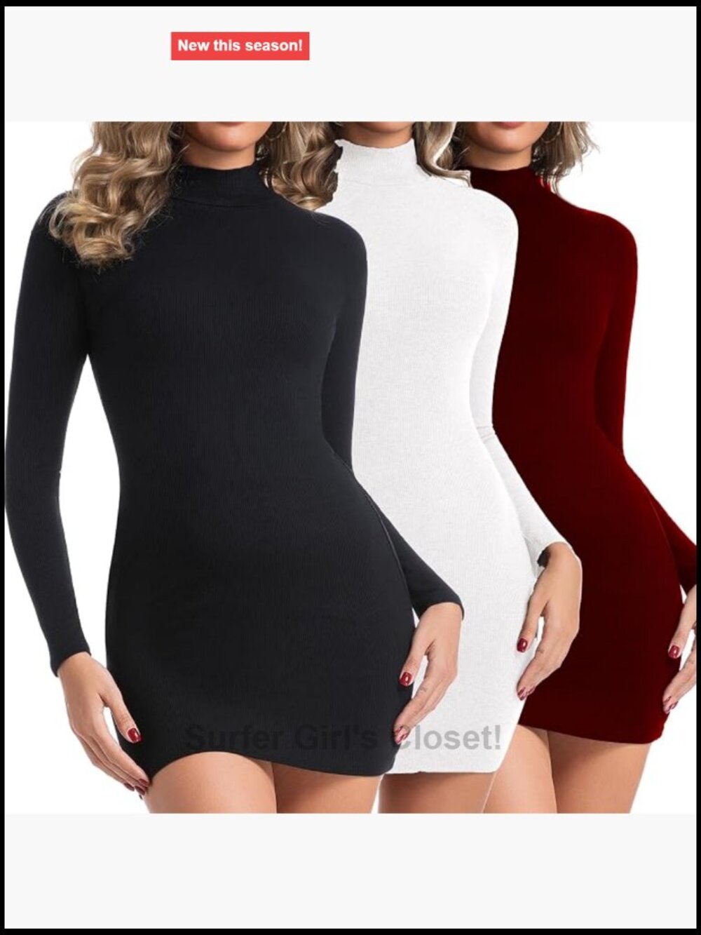 3 Pack Women's Long Sleeve Bodycon Mini Dresses Mock Turtleneck Slim Fit Knit